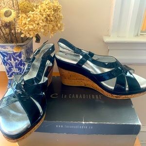 La Canadienne “Ada” Black Patent Leather and Cork Platform Sandals. Size 9
